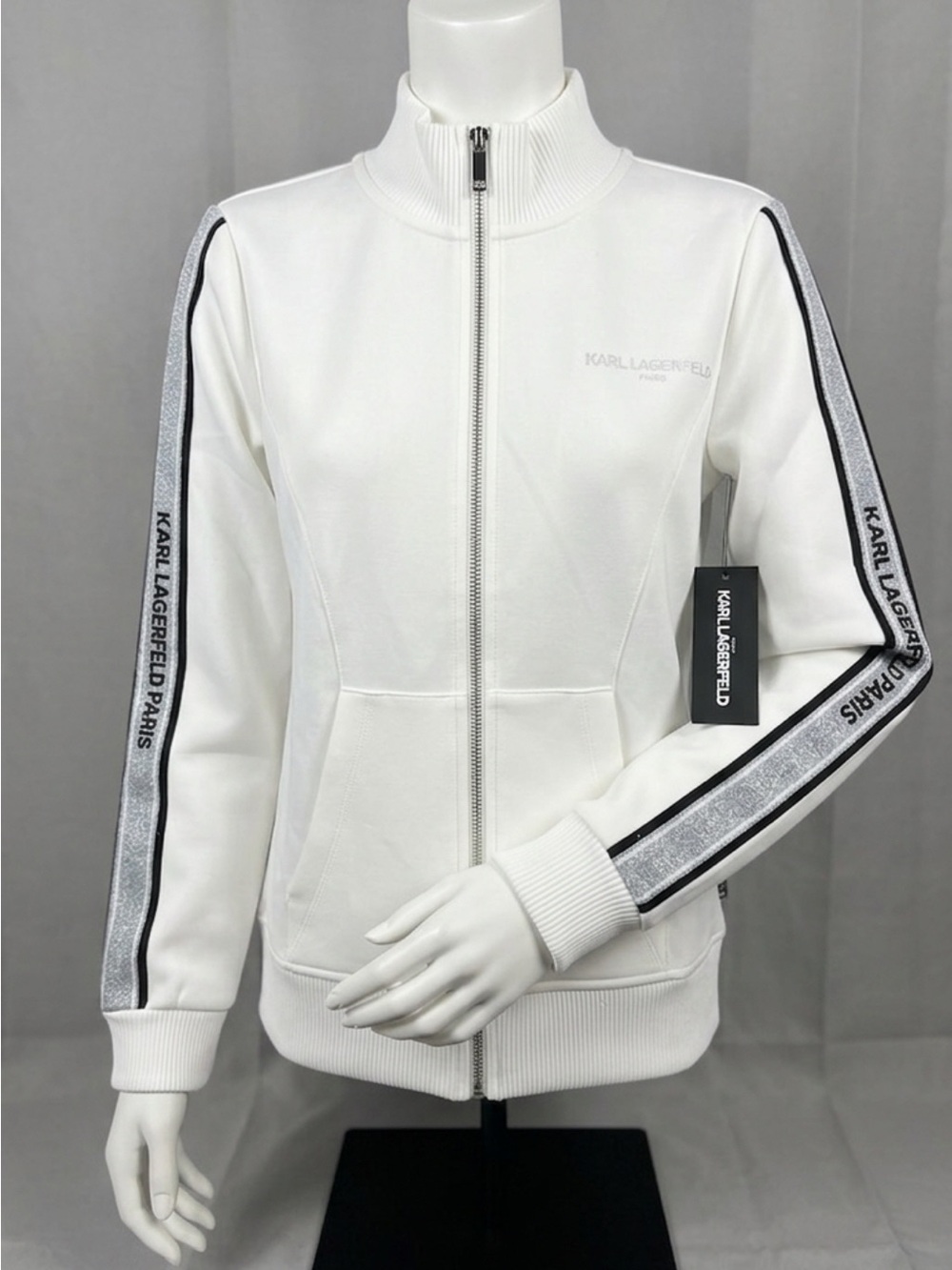 Karl Lagerfeld White Track Bomber Jacket with Branded Sleeve Tape